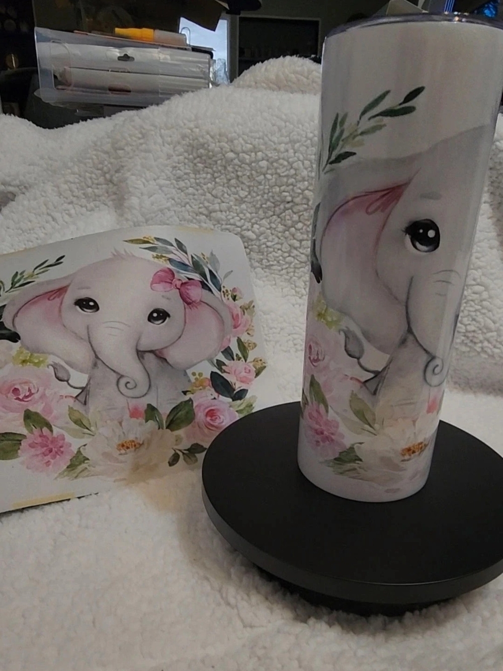 White and Pink Floral Elephant Tumbler And Mouse Pad - Cute